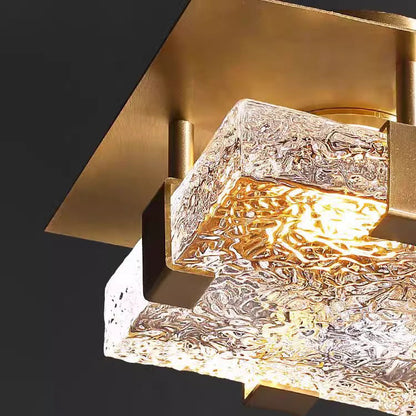 Modern Luxury Cube Water Pattern Stainless Steel Glass LED Semi-Flush Mount Ceiling Light For Living Room
