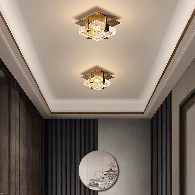 Modern Luxury Cube Water Pattern Stainless Steel Glass LED Semi-Flush Mount Ceiling Light For Living Room