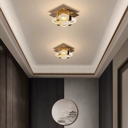 Modern Luxury Cube Water Pattern Stainless Steel Glass LED Semi-Flush Mount Ceiling Light For Living Room