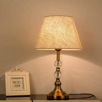 Traditional Vintage Drum Shape Crystal Ball Imitation Copper Fabric 1-Light Table Lamp For Living Room