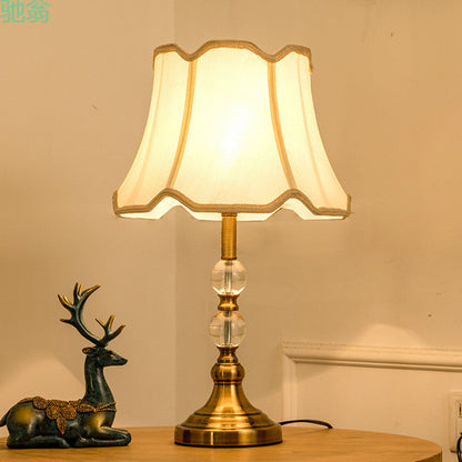Traditional Vintage Drum Shape Crystal Ball Imitation Copper Fabric 1-Light Table Lamp For Living Room