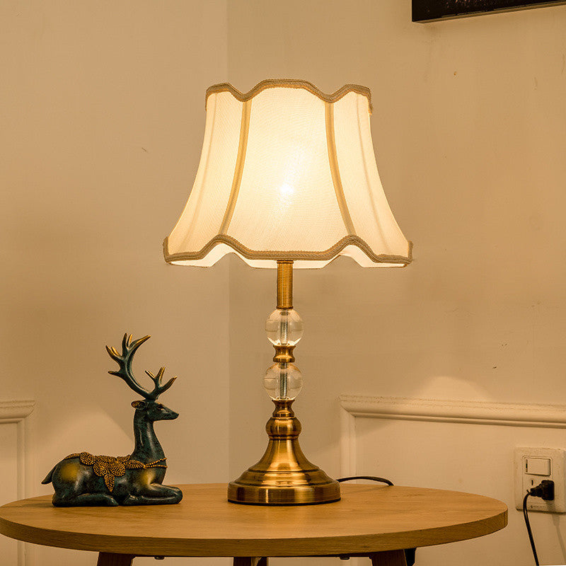 Traditional Vintage Drum Shape Crystal Ball Imitation Copper Fabric 1-Light Table Lamp For Living Room