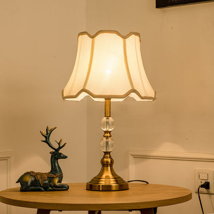 Traditional Vintage Drum Shape Crystal Ball Imitation Copper Fabric 1-Light Table Lamp For Living Room