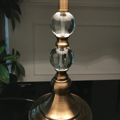 Traditional Vintage Drum Shape Crystal Ball Imitation Copper Fabric 1-Light Table Lamp For Living Room