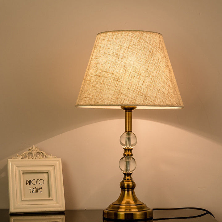 Traditional Vintage Drum Shape Crystal Ball Imitation Copper Fabric 1-Light Table Lamp For Living Room