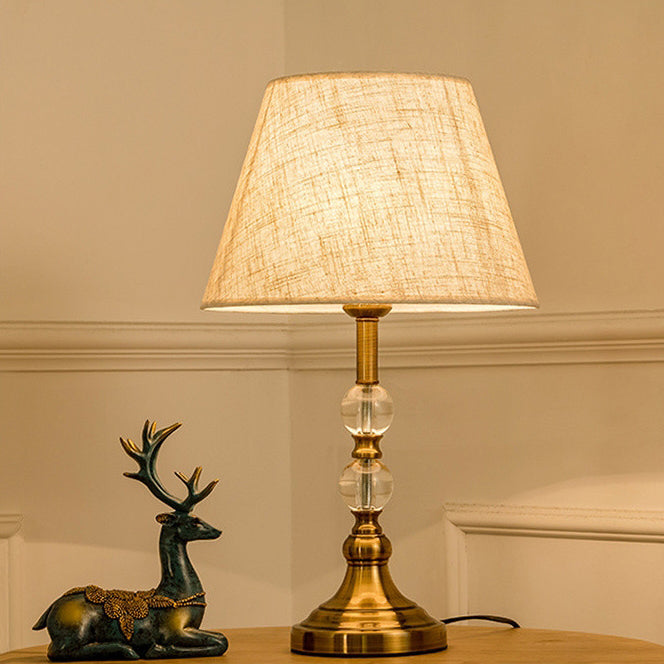 Traditional Vintage Drum Shape Crystal Ball Imitation Copper Fabric 1-Light Table Lamp For Living Room