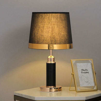 Modern Luxury Drum Shape Cylinder Base Hardware Fabric 1-Light Table Lamp For Bedroom