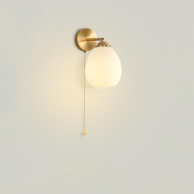 Traditional French Pull Switch Rotatable Dome Half Pleated Glass Shade Iron 1-Light Wall Sconce Lamp For Living Room