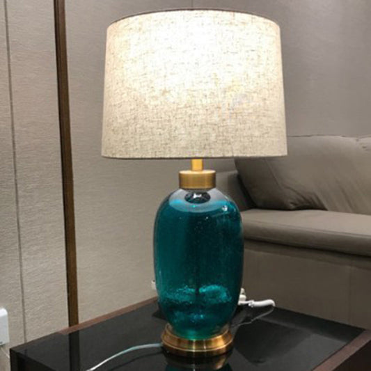 Traditional Vintage Fabric Linen Glass Cylinder Shape 1-Light Table Lamp For Living Room