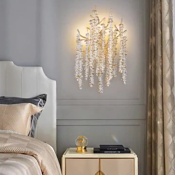 Contemporary Luxury Tree Branches Tassel Crystal Aluminum 3-Light Wall Sconce Lamp For Living Room
