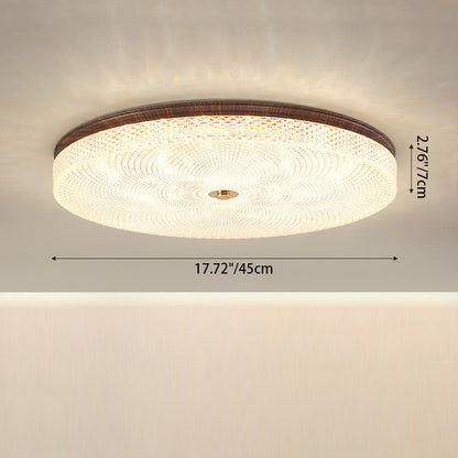 Traditional Chinese Iron Acrylic Round Wood Grain LED Flush Mount Ceiling Light For Living Room