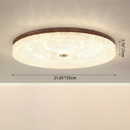 Traditional Chinese Iron Acrylic Round Wood Grain LED Flush Mount Ceiling Light For Living Room