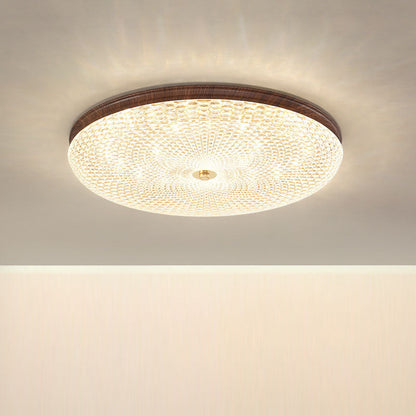 Traditional Chinese Iron Acrylic Round Wood Grain LED Flush Mount Ceiling Light For Living Room