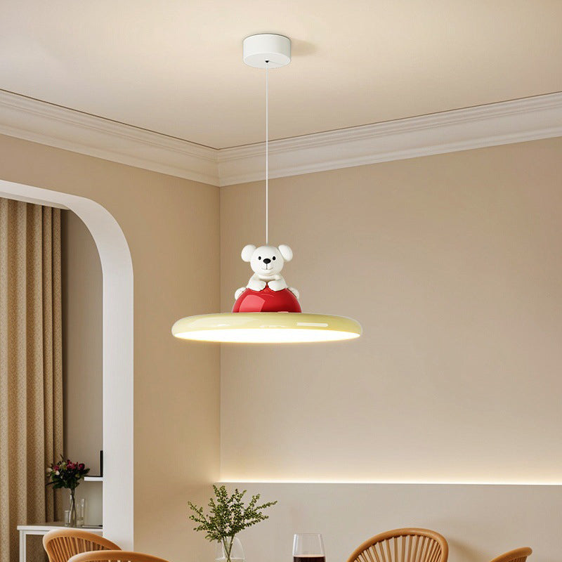 Contemporary Creative Cartoon Kids Bear Circle Iron Acrylic LED Pendant Light For Bedroom