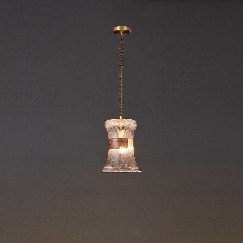 Contemporary Retro Cup Shape Ribbed Glass Brass Wood 1 - Light Pendant Light For Living Room