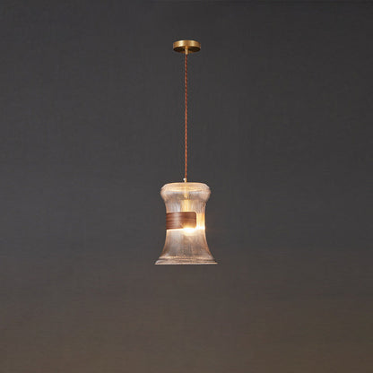 Contemporary Retro Cup Shape Ribbed Glass Brass Wood 1 - Light Pendant Light For Living Room