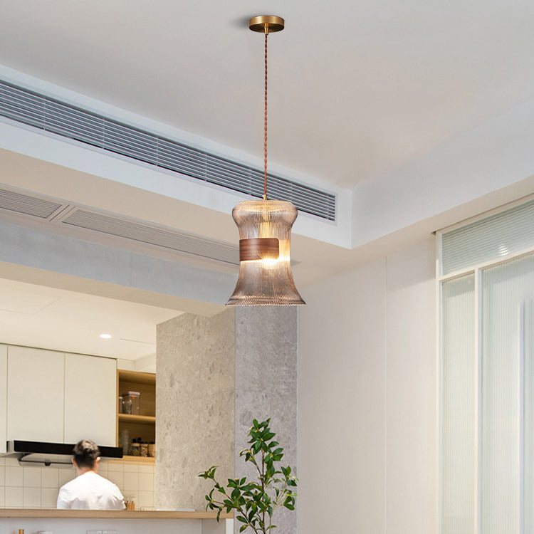 Contemporary Retro Cup Shape Ribbed Glass Brass Wood 1 - Light Pendant Light For Living Room