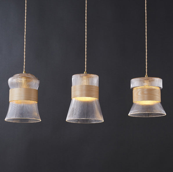 Contemporary Retro Cup Shape Ribbed Glass Brass Wood 1 - Light Pendant Light For Living Room