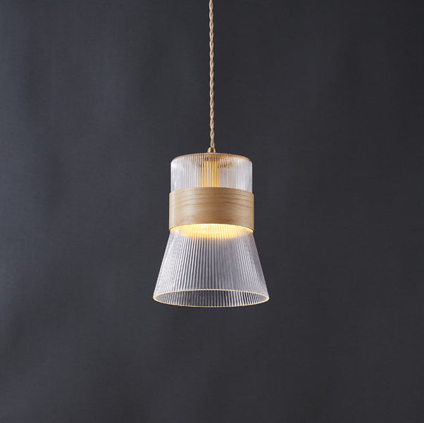 Contemporary Retro Cup Shape Ribbed Glass Brass Wood 1 - Light Pendant Light For Living Room