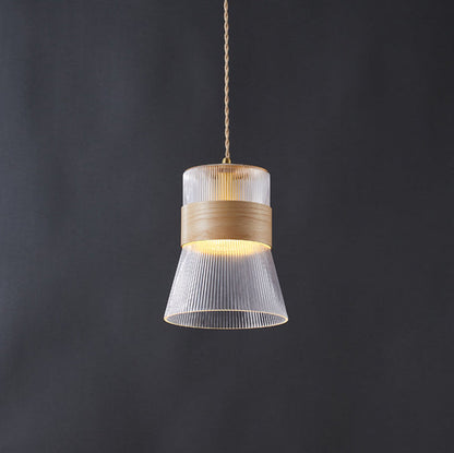 Contemporary Retro Cup Shape Ribbed Glass Brass Wood 1 - Light Pendant Light For Living Room