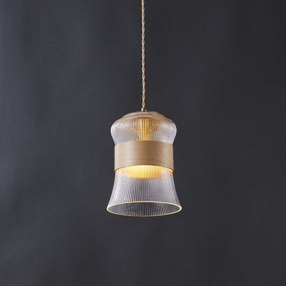Contemporary Retro Cup Shape Ribbed Glass Brass Wood 1 - Light Pendant Light For Living Room