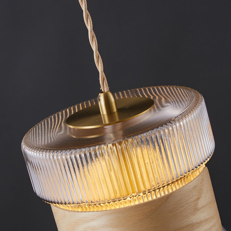Contemporary Retro Cup Shape Ribbed Glass Brass Wood 1 - Light Pendant Light For Living Room
