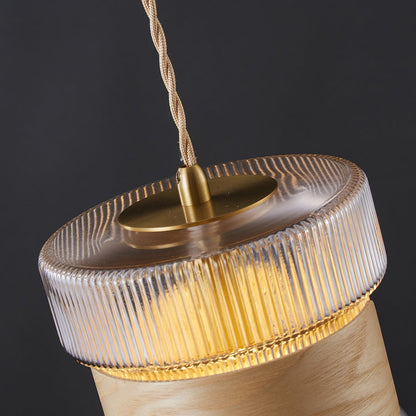 Contemporary Retro Cup Shape Ribbed Glass Brass Wood 1 - Light Pendant Light For Living Room