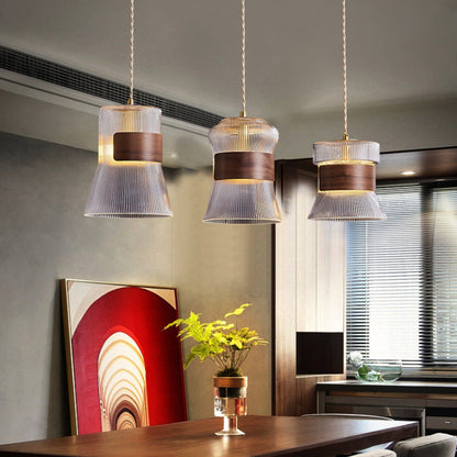 Contemporary Retro Cup Shape Ribbed Glass Brass Wood 1 - Light Pendant Light For Living Room