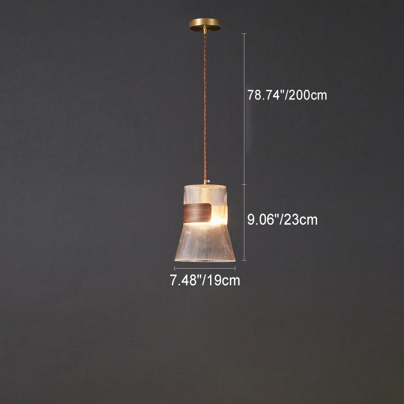 Contemporary Retro Cup Shape Ribbed Glass Brass Wood 1 - Light Pendant Light For Living Room