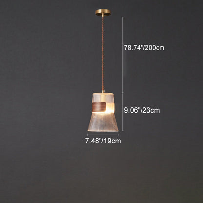 Contemporary Retro Cup Shape Ribbed Glass Brass Wood 1 - Light Pendant Light For Living Room