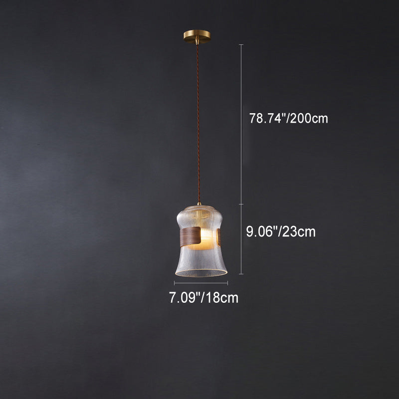 Contemporary Retro Cup Shape Ribbed Glass Brass Wood 1 - Light Pendant Light For Living Room