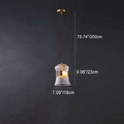Contemporary Retro Cup Shape Ribbed Glass Brass Wood 1 - Light Pendant Light For Living Room