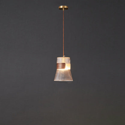 Contemporary Retro Cup Shape Ribbed Glass Brass Wood 1 - Light Pendant Light For Living Room