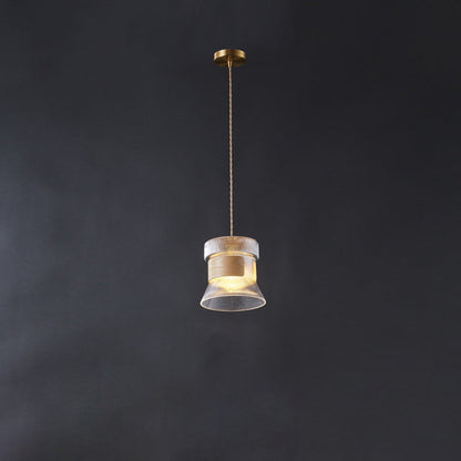 Contemporary Retro Cup Shape Ribbed Glass Brass Wood 1 - Light Pendant Light For Living Room