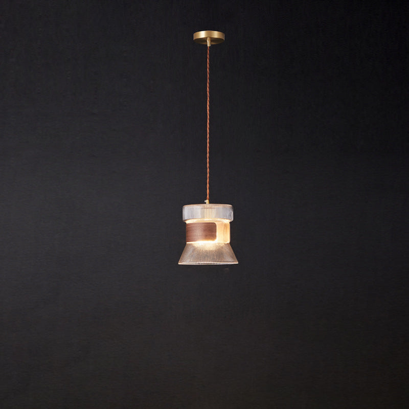 Contemporary Retro Cup Shape Ribbed Glass Brass Wood 1 - Light Pendant Light For Living Room