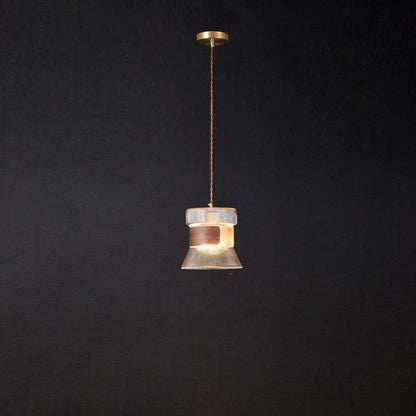Contemporary Retro Cup Shape Ribbed Glass Brass Wood 1 - Light Pendant Light For Living Room