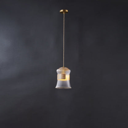 Contemporary Retro Cup Shape Ribbed Glass Brass Wood 1 - Light Pendant Light For Living Room