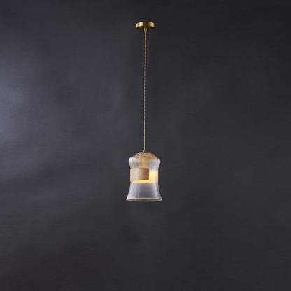 Contemporary Retro Cup Shape Ribbed Glass Brass Wood 1 - Light Pendant Light For Living Room