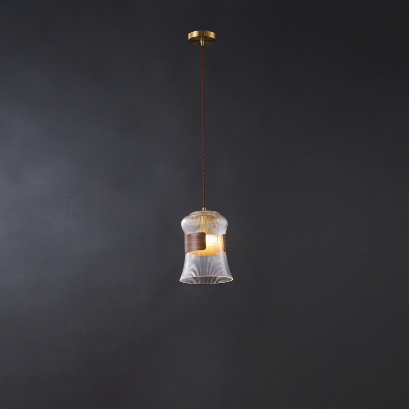Contemporary Retro Cup Shape Ribbed Glass Brass Wood 1 - Light Pendant Light For Living Room
