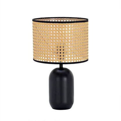 Contemporary Retro Weave Rattan Drum Shape Iron 1-Light Table Lamp For Bedroom