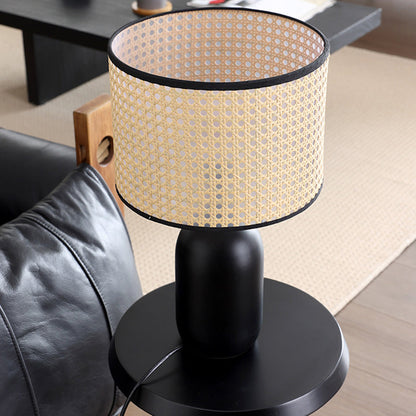 Contemporary Retro Weave Rattan Drum Shape Iron 1-Light Table Lamp For Bedroom