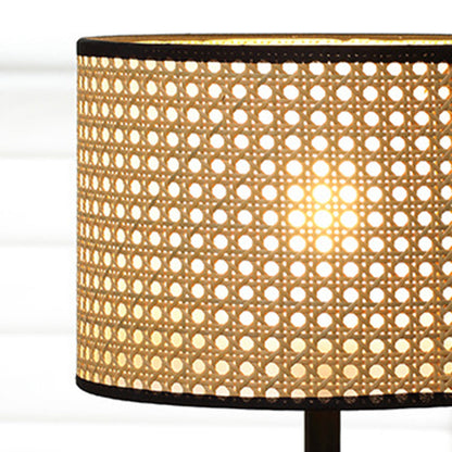 Contemporary Retro Weave Rattan Drum Shape Iron 1-Light Table Lamp For Bedroom