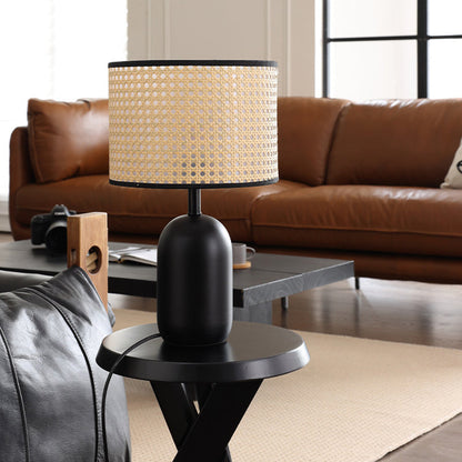 Contemporary Retro Weave Rattan Drum Shape Iron 1-Light Table Lamp For Bedroom