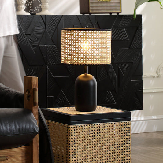 Contemporary Retro Weave Rattan Drum Shape Iron 1-Light Table Lamp For Bedroom