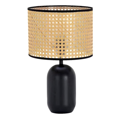 Contemporary Retro Weave Rattan Drum Shape Iron 1-Light Table Lamp For Bedroom