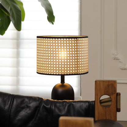 Contemporary Retro Weave Rattan Drum Shape Iron 1-Light Table Lamp For Bedroom