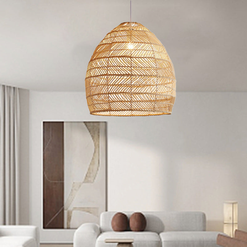 Contemporary Boho Wood Grain Hollow Basket Rattan 1 - Light Pendant Light For Dining Room