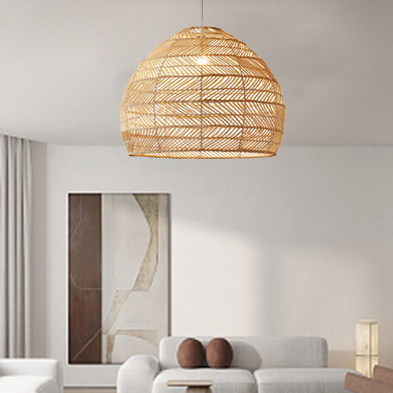 Contemporary Boho Wood Grain Hollow Basket Rattan 1 - Light Pendant Light For Dining Room