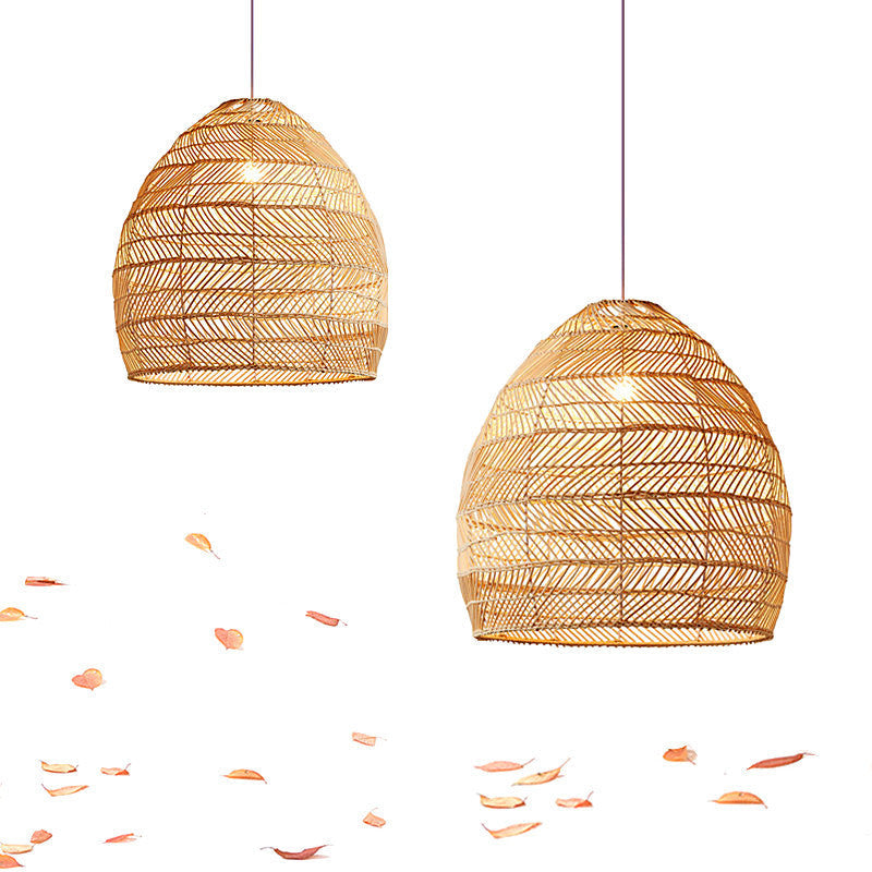 Contemporary Boho Wood Grain Hollow Basket Rattan 1 - Light Pendant Light For Dining Room