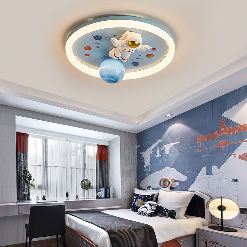 Contemporary Creative Cartoon Kids Space Astronaut Resin Iron Acrylic LED Flush Mount Lighting For Bedroom